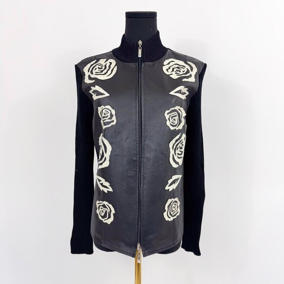 RARE VINTAGE KATHERINE BARCLAY LEATHER ZIP UP WITH ROSE LEATHER MOTIF JACKET - Picture 1 of 14